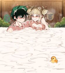 1boy 1girl absurdres arm_around_shoulder bathing blonde_hair blush boku_no_hero_academia breasts bukkake commission commissioner_upload completely_nude couple cum cum_bath cum_on_body cum_on_hair cum_on_upper_body darboo double_bun excessive_cum freckles green_eyes green_hair hair_bun half-closed_eyes happy happy_sex heart heart_in_eye hetero highres large_breasts looking_at_another midoriya_izuku mixed-sex_bathing nude onsen partially_submerged rubber_duck shared_bathing smile speech_bubble steam sweat symbol_in_eye toga_himiko