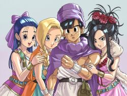 1boy 3girls :d aqua_dress bianca_(dq5) black_eyes black_hair blonde_hair blue_eyes blue_hair blunt_bangs bow bracelet braid breasts cape commentary_request deborah_(dq5) dragon_quest dragon_quest_v dress earrings flora_(dq5) flower fur_shawl gold_bracelet gold_earrings gold_necklace gradient_background hair_bow hair_flower hair_ornament hair_pulled_back hand_on_another&#039;s_arm hand_on_another&#039;s_shoulder hero_(dq5) highres hoop_earrings jewelry long_hair looking_at_viewer medium_breasts metal_hair_tubes mole mole_under_eye multiple_girls muscular muscular_male necklace one-shoulder_tunic open_mouth orange_cape pink_dress purple_bow purple_cape purple_eyes purple_turban red_flower red_rose red_trim rose shawl siblings side_part single-shoulder_dress single_braid sisters smile sphere_earrings tunic turban updo upper_body white_tunic yuto_sakurai