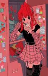 Rule 34 | 1girl, alternate costume, blunt bangs, character doll, doll, earrings, gnosia, heart, heart earrings, heart tattoo, high ponytail, highres, jewelry, kimsetsulover, locker, long hair, looking at viewer, nail polish, ponytail, rainbow, red eyes, red hair, shirt, skirt, smile, solo, sq (gnosia), tattoo