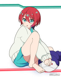1girl :o amate_yuzuriha artist_name barefoot beanie blue_hat blue_shirt blue_skirt cardigan collared_shirt commentary full_body green_eyes grey_cardigan gundam gundam_gquuuuuux hair_between_eyes haro hat highres knees_up long_sleeves looking_at_viewer mitya parted_lips pleated_skirt puffy_long_sleeves puffy_sleeves red_hair robot shirt sitting skirt sleeves_past_wrists soles twitter_username watermark white_background