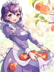 1girl alternate_costume apple apron bernadetta_von_varley breasts dress fire_emblem fire_emblem:_three_houses food frilled_dress frills fruit gogatsu_(yeaholiday) happy highres maid maid_apron maid_headdress nintendo purple_dress purple_eyes purple_hair small_breasts solo