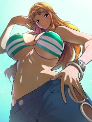 Rule 34 | 1girl, arm up, backlighting, bangle, bare arms, bare shoulders, bikini, bikini top only, blue pants, bracelet, breasts, cleavage, closed mouth, commentary request, curvy, denim, from below, gradient background, green background, green bikini, highres, jeans, jewelry, large breasts, log pose, long hair, looking at viewer, looking down, multicolored bikini, nami (one piece), navel, one piece, orange eyes, orange hair, pants, sasaki tatsuya, shiny skin, simple background, single sidelock, smile, solo, stomach, striped bikini, striped clothes, swimsuit, two-tone bikini, underboob, white bikini, wide hips