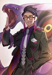 Rule 34 | arbok, belt, black eyes, black pants, black suit, cobra (animal), collared shirt, corbeau (pokemon), eyewear strap, fangs, forked tongue, formal clothes, gen 1 pokemon, glasses, grin, hand in pocket, hand on another&#039;s head, highres, inu desu111, mega stone, necktie, nintendo, open mouth, pants, pokemon, pokemon (creature), pokemon legends: z-a, purple belt, purple hair, purple shirt, round eyewear, shirt, slit pupils, smile, snake, suit, tongue, white background, white necktie, yellow eyes