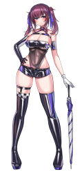 1girl absurdres asymmetrical_gloves black_choker black_gloves blue_eyes blush boots breasts brown_hair cevio choker cleavage closed_umbrella covered_navel elbow_gloves eyewear_on_head gloves hand_on_own_hip highleg highleg_leotard highres kutan large_breasts leotard long_hair looking_at_viewer mismatched_gloves mole mole_under_eye natsuki_karin open_fly race_queen short_shorts shorts single_elbow_glove solo thigh_boots twintails umbrella white_background white_gloves