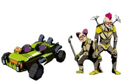 2boys bodysuit brothers buck_teeth donguri_bros goggles industrial_pipe metal_pipe moust multiple_boys official_art pink_hair promotional_art purple_hair siblings tailenders teeth vehicle