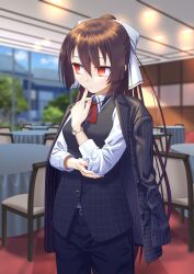1girl absurdres black_jacket black_pants black_vest breasts brown_hair buttons chair closed_mouth collared_shirt hair_ribbon hand_up highres indoors jacket long_hair long_sleeves looking_to_the_side mix_tou okuribi open_clothes open_jacket pants ponytail rance_(series) red_eyes ribbon shirt solo standing table vest watch white_ribbon white_shirt wristwatch