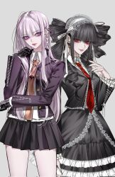 2girls black_dress black_gloves black_skirt black_vest blazer breasts celestia_ludenberg commentary cowboy_shot dabong danganronpa:_trigger_happy_havoc danganronpa_(series) dress drill_hair earrings gloves gothic_lolita grey_background highres jacket jewelry kirigiri_kyoko lolita_fashion long_hair looking_at_viewer maid_headdress medium_breasts miniskirt multiple_girls necktie pleated_skirt purple_eyes purple_jacket red_eyes red_necktie simple_background skirt symbol-only_commentary thighs twintails vest white_hair