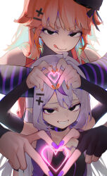 2girls absurdres ahoge backlighting black_eyes black_horns braid braided_bangs commentary demon_girl demon_horns earrings eyelashes feather_earrings feathers glowing gradient_hair green_hair grey_hair grin hair_between_eyes hat heart heart_hands height_difference highres hololive hololive_english horns huge_horns jewelry la+_darknesss licking_lips long_hair looking_at_viewer multicolored_hair multiple_girls nail_polish orange_hair pointy_ears purple_hair purple_horns sauce_darusungi smile streaked_hair striped_horns takanashi_kiara takanashi_kiara_(1st_costume) tongue tongue_out upper_body very_long_hair virtual_youtuber