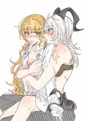 2girls black_bra black_pants blonde_hair blue_eyes blush bra collarbone collared_shirt commentary_request demon_tail grabbing_from_behind hickey highres horns hug hug_from_behind long_hair multiple_girls pants phoebe_(wuthering_waves) red_eyes scar scar_on_arm shirt simple_background sitting sitting_on_lap sitting_on_person sweat tail tail_around_arm underwear white_background white_hair white_shirt wuthering_waves yuri yurikure4 zani_(wuthering_waves)