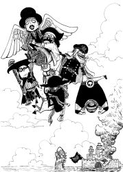 6+boys carrying cigar doc_q flying gun hat horse impel_down jesus_burgess lafitte_(one_piece) male_focus marshall_d._teach mask monochrome monster multiple_boys ocean one_piece outdoors sea_king sea_monster shiryuu_(one_piece) smoking stronger_(one_piece) van_augur water weapon wings