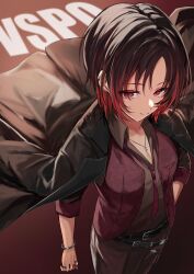 Rule 34 | 1girl, absurdres, belt, black hair, black jacket, bracelet, breasts, brown pants, brown shirt, cleavage, collared shirt, cowboy shot, earrings, from above, gradient hair, hand on own hip, highres, iris black games, jacket, jacket on shoulders, jewelry, kisaragi ren (vtuber), light smile, looking at viewer, multicolored hair, multiple belts, necklace, necktie, open clothes, open jacket, pants, parted bangs, red eyes, red hair, red necktie, red vest, ring, shirt, short hair, sleeves rolled up, solo, two-tone hair, uri200illust, vest, virtual youtuber, vspo!