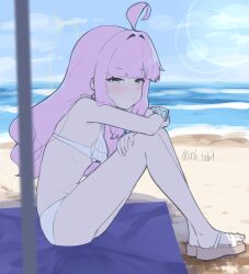 1girl ahoge beach bikini blue_archive closed_mouth day from_side full_body green_eyes halo highres horizontal_pupils kaya_(blue_archive) knees_up long_hair looking_at_viewer looking_to_the_side outdoors pink_hair sandals sitting solo susi_tabit swimsuit white_bikini yellow_halo