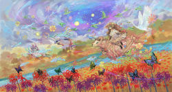 1girl animal black_footwear blue_eyes brown_hair bug building butterfly closed_mouth cloud day dress dutch_angle fish flower hat bug long_hair original outdoors petals pointy_ears riding shoes sitting sky sonidoriy spider_lily straw_hat stream white_dress