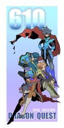 4boys armor black_hair black_shirt blue_armor boots border brown_hair cape d_d_work dragon_quest dragon_quest_i dragon_quest_ii dragon_quest_xi fake_horns full_body goggles goggles_on_head gradient_background green_boots grey_hair hands_on_own_hips helmet hero_(dq1) hero_(dq11) highres holding holding_shield holding_sword holding_weapon horned_helmet horns male_focus multiple_boys parted_bangs prince_of_lorasia red_cape shield shirt short_hair shoulder_armor sitting standing sword weapon white_border