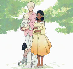 Rule 34 | 1girl, 3boys, black hair, blonde hair, char aznable, commentary request, dark-skinned female, dark skin, dated, double bun, dress, full body, green eyes, gundam, gundam gquuuuuux, hair bun, hair over eyes, hands on own stomach, highres, hugging own legs, if they mated, kusumi muta, lalah sune, multiple boys, pants, pink shirt, pregnant, shirt, smile, standing, white pants, yellow dress