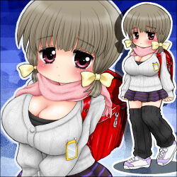 1girl alicepowder backpack bag black_shirt black_thighhighs blue_background blush bow breasts brown_hair cardigan cleavage collarbone embarrassed grey_cardigan hair_bow large_breasts loli long_sleeves looking_at_viewer low_twintails multiple_views name_tag oppai_loli original pink_scarf purple_skirt randoseru red_eyes scarf school_uniform shirt shoes short_hair skirt sleeves_past_wrists sneakers standing striped_clothes striped_skirt thighhighs twintails white_shoes yellow_bow