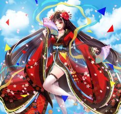 1girl 1maokitty bell black_hair blue_sky breasts brocade_jade_(miracle_nikki) camellia cherry_blossom_print chinese_commentary cleavage cloud collarbone commentary_request day falling_petals floral_print flower foot_out_of_frame hagoromo hair_flower hair_ornament happy japanese_clothes kimono leg_up light_blush long_hair long_sleeves looking_at_viewer medium_breasts miracle_nikki multicolored_hair nikki_(series) oiran open_mouth outdoors partial_commentary petals red_flower red_kimono shawl signature sky smile solo straight_hair streaked_hair tassel thighhighs triangle very_long_hair white_thighhighs wide_sleeves yellow_eyes
