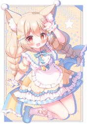 1girl animal_ear_fluff animal_ears apron bell blonde_hair blue_bow blue_bowtie blue_dress blue_shoes bow bowtie braid commentary_request commission detached_sleeves dress drop_shadow frilled_apron frills full_body hair_bell hair_between_eyes hair_bow hair_ornament hairclip hanamura_lily hanasakichu hand_on_own_head hand_up highres jingle_bell kneehighs long_hair looking_at_viewer mismatched_pupils open_mouth original plaid_clothes plaid_dress puffy_detached_sleeves puffy_sleeves red_eyes shoes skeb_commission sleeveless sleeveless_dress smile socks solo star-shaped_pupils star_(symbol) symbol-shaped_pupils twin_braids white_apron white_socks white_wrist_cuffs wrist_cuffs yellow_dress yellow_pupils yellow_sleeves