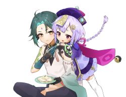 &quot;sweet_dream&quot;_(genshin_impact) 1boy 1girl :o absurdres ahoge bead_necklace beads braid cape coin_hair_ornament commentary_request eyeshadow facial_mark feeding food forehead_mark genshin_impact green_hair hair_between_eyes hair_ornament hat highres holding indian_style jewelry jiangshi long_hair long_sleeves looking_at_another looking_back low_ponytail makeup necklace ofuda orb plate ponytail purple_eyes purple_hair qingdai_guanmao qiqi_(genshin_impact) sidelocks simple_background single_braid sitting smile spoon tattoo thighhighs tofu tutimaru0730 vision_(genshin_impact) white_background white_thighhighs xiao_(genshin_impact) yellow_eyes yin_yang yin_yang_orb zettai_ryouiki