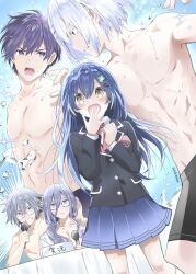 Rule 34 | 1girl, 4boys, artist request, bare shoulders, black jacket, black pants, blazer, blue hair, blush, brown eyes, colorized, date a live, genderswap, genderswap (ftm), genderswap (mtf), glasses, grey hair, grin, hair between eyes, hair ornament, highres, honjou nia, itsuka shiori, jacket, long hair, long sleeves, microphone, multiple boys, murasame reine, muscular, muscular male, neck ribbon, official art, open mouth, pants, pleated skirt, purple eyes, purple hair, raizen high school uniform, ribbon, school uniform, short hair, skirt, smile, splashing, third-party source, tobiichi origami, v-shaped eyebrows, white hair, yatogami tohka