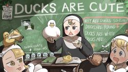 &gt;_&lt; 4girls :o :p @_@ animal animal_on_hand animal_on_head bandaid bandaid_on_hand bird bird_on_hand bird_on_head biting biting_cheek blonde_hair blue_eyes book brown_eyes brown_hair chalk chalkboard chicken chili_pepper clumsy_nun_(diva) commentary crying cup dazed diva_(hyxpk) drawing drinking_glass drooling duck duckling emphasis_lines english_commentary english_text feathers food food_on_head frog_headband froggy_nun_(diva) glasses_nun_(diva) habit hanging_plant hedgehog highres holding holding_animal holding_bird holding_pointer hypnosis little_nuns_(diva) mind_control mouth_hold multiple_girls nun object_on_head on_head open_book photo_(object) pigeon pointer poster_(object) pouring reflection slice_of_life spicy_nun_(diva) sticker table tongue tongue_out traditional_nun triangle_mouth water yellow_eyes