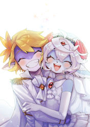 1boy 1girl :d ahoge arms_around_waist ascot backlighting blonde_hair blush bridal_veil brooch cape cat_girl closed_eyes couple dragon_boy dress elbow_gloves formal_clothes furry furry_female furry_with_furry gloves grin happy hetero high_collar highres hug interspecies jewelry open_mouth original sleeveless sleeveless_dress smile suit veil wedding wedding_dress white_cape white_gloves white_hair white_neckwear white_suit yadayada