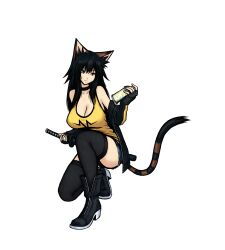 1girl absurdres animal_ears bare_shoulders black_hair black_thighhighs breasts brown_eyes camisole cat_ears cat_girl cat_tail choker cleavage coat highres kotone kotone_inazuma large_breasts long_hair narrow_waist off-shoulder_coat off_shoulder short_shorts shorts tail thighhighs vivid_dead