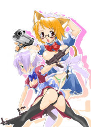 2girls animal_ears ass black_panties black_thighhighs blonde_hair blush bow bow_panties breasts brown_eyes cat_ears cat_tail censored cleavage convenient_censoring cover cover_page garter_belt garter_straps green_eyes green_panties gun handgun large_breasts light_machine_gun m1911 machine_gun maid maid_headdress medium_breasts multiple_girls original orimoto_mimana panties pistol purple_hair semi-automatic_pistol striped_clothes striped_panties submachine_gun tail thighhighs underwear uzi weapon