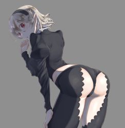 1girl alternate_hairstyle ass bent_over black_hairband black_panties black_shirt corrin_(female)_(fire_emblem) corrin_(fire_emblem) cowboy_shot fire_emblem fire_emblem_fates grey_background hair_between_eyes hairband hand_on_lap highres karashino long_sleeves looking_at_viewer nintendo open_mouth panties pointy_ears red_eyes shirt short_hair silver_hair simple_background solo standing twitter_username underwear