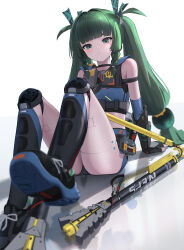 1girl absurdres armlet bare_shoulders black_choker black_gloves braided_sidelocks choker crop_top fingerless_gloves gloves green_eyes green_hair highres jewelry joints knee_pads long_hair looking_at_viewer midriff_peek nunchaku open_mouth qingyi_(zenless_zone_zero) robot robot_girl robot_joints shoes shorts sidelocks sitting sneakers sthk very_long_hair weapon white_background zenless_zone_zero