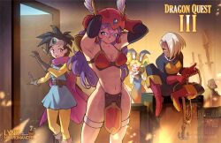 Rule 34 | 4girls, armor, armpits, bikini, bikini armor, black hair, blonde hair, bodysuit, bottle, cape, cheesecakes by lynx, copyright name, crate, dark-skinned female, dark skin, door, doorway, dragon quest, dragon quest iii, gadabout (dq3), gloves, grappling hook, grey hair, helmet, heroine (dq3), highleg, highleg bikini, highres, leotard, multiple girls, open door, paid reward available, pelvic curtain, playboy bunny, purple hair, sitting, smile, swimsuit, thief (dq3), thighs, toned, toned female, warrior (dq3), watermark, wine bottle, winged helmet