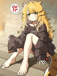 1girl :&lt; absurdres anger_vein animal_ears bare_legs barefoot blonde_hair blush chroong collarbone commentary_request feet green_eyes highres ju_fufu korean_commentary legs loli long_hair looking_at_viewer naked_shirt no_pants oversized_clothes pout shirt sleeves_past_fingers sleeves_past_wrists solo spoken_anger_vein striped_hair striped_tail tail tiger_ears tiger_girl tiger_tail toes very_long_hair very_long_sleeves zenless_zone_zero