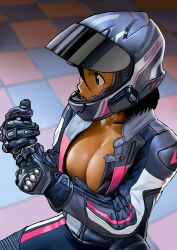 1girl arung_samudra_(cessa) biker_clothes bikesuit black_bodysuit bodysuit breasts cessa cleavage dark-skinned_female dark_skin helmet large_breasts medium_breasts motorcycle_helmet ombok_diving_and_delivery_services shadow solo tile_floor tiles upper_body