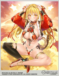 1girl black_thighhighs blonde_hair blush breasts circlet closed_mouth cloud commentary crossed_ankles evertale hands_on_own_head headband jacket jewelry journey_to_the_west large_breasts long_hair monkey_girl monkey_tail official_art open_clothes open_jacket panties popqn red_footwear side-tie_panties single_thighhigh skindentation star_(symbol) sun_wukong sun_wukong_(evertale) sweat tail thighhighs thighlet twintails underwear yellow_eyes