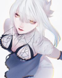 Rule 34 | 1girl, asymmetrical bangs, bandaged arm, bandaged neck, bandages, breasts, commentary, eyelashes, flower, from above, gohanndaisukias, hair flower, hair ornament, highres, kaine (nier), large breasts, lingerie, looking at viewer, negligee, nier, nier (series), open mouth, parted bangs, red lips, simple background, solo, underwear, white background, white flower, yellow eyes