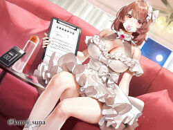 1girl bare_legs bare_shoulders blush bow breasts brown_hair ceiling_light cleavage cleavage_cutout clipboard closed_mouth clothing_cutout condom condom_packet_strip condom_wrapper couch detached_sleeves dress dutch_angle feet_out_of_frame fingernails full_moon hair_bow highres holding holding_clipboard indoors kuroi_suna large_breasts long_fingernails looking_at_viewer lube moon mouth_hold night on_couch original pillow red_eyes short_hair short_sleeves sitting smile solo translated white_bow white_dress