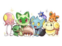 :&gt; :3 :d artist_name black_eyes bright_pupils brown_eyes capsakid closed_mouth commentary_request fangs fidough gen_4_pokemon glimmet looking_at_viewer nacli nintendo no_humans on_head open_mouth pawmi pokemon pokemon_(creature) pokemon_on_head red_eyes saki_pokeoekaki shinx simple_background sitting smile sparkle sprigatito toedscool twitter_username white_background white_pupils yellow_eyes