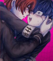 2boys armband black_hair blue_eyes blue_hair drooling highres hug last_defense_academy_school_uniform male_focus multicolored_hair multiple_boys omokage_yugamu open_mouth pink_background red_hair saliva saliva_trail simple_background sumino_takumi sweat teeth the_hundred_line_-last_defense_academy- tongue tongue_out upper_teeth_only yaoi