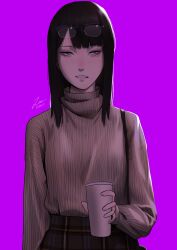 1girl absurdres artist_name asymmetrical_bangs bags_under_eyes black_hair black_skirt blunt_bangs breasts brown_eyes brown_sweater casual commentary cowboy_shot cup disposable_coffee_cup disposable_cup drink eizouken_ni_wa_te_wo_dasu_na! english_commentary eyelashes eyewear_on_head freckles glasses grimace high-waist_skirt highres holding holding_cup holding_drink jewelry kanamori_sayaka light_frown long_hair long_sleeves looking_to_the_side necklace over-rim_eyewear parted_lips pendant plaid_clothes plaid_skirt purple_background ribbed_sweater semi-rimless_eyewear signature skirt small_breasts solo standing sweater zienu