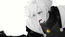 1boy alternate_universe bags_under_eyes blood blood_from_mouth blood_on_clothes cape chara_(undertale) chinese_commentary chromatic_aberration commentary_request facial_hair film_grain flipped_hair gold_necklace greyscale hair_between_eyes hanbaobaobaozhu heart heart_necklace highres jewelry leaning_forward looking_ahead male_focus monochrome necklace short_hair sidelocks simple_background solo spot_color sweat sweater turtleneck turtleneck_sweater undertale upper_body upturned_eyes white_background xtale