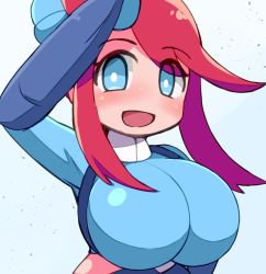 1girl blue_eyes blue_gloves blue_jacket blush breasts cropped_jacket gloves hair_bun hair_ornament huge_breasts jacket looking_at_viewer midriff miyazero nintendo one_side_up open_mouth pokemon pokemon_bw red_hair salute short_hair_with_long_locks side_bun sidelocks skyla_(pokemon) smile solo striped_clothes turtleneck upper_body white_background