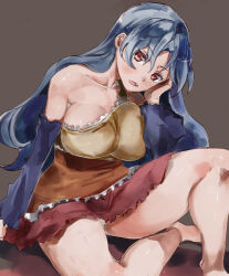 1girl bare_legs blue_hair blue_sleeves breasts cleavage detached_sleeves dress hands_on_own_face large_breasts long_hair multicolored_dress red_eyes sakata_nemuno single-shoulder_dress single_bare_shoulder single_strap sitting solo thighs touhou yohane