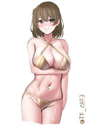 1girl absurdres alternate_costume bikini blush breasts brown_eyes brown_hair collarbone commentary_request cowboy_shot hair_between_eyes highres hiryuu_(kancolle) kantai_collection large_breasts looking_at_viewer navel one-hour_drawing_challenge ribbon short_hair side_ponytail simple_background smile solo striped_bikini striped_clothes swimsuit tf_cafe twitter_username white_background yellow_bikini