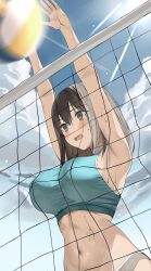 1girl armpits arms_up ball bare_shoulders beach_volleyball blue_eyes blue_sports_bra blush breasts brown_hair grey_panties hair_between_eyes highres kureha_(ironika) large_breasts long_hair medium_hair navel open_mouth original panties playing_sports shirt solo sports_bikini sports_bra sportswear stomach tsubasa_(kureha) underwear upper_body volleyball volleyball_(object) volleyball_net
