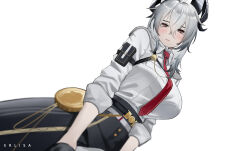 1girl absurdres arm_pouch artist_name black_gloves black_horns black_pants black_pouch blush breasts chest_harness closed_mouth collared_shirt commentary curled_horns english_commentary erlisa_takanashi gloves grey_hair hair_between_eyes harness high-waist_pants highres horns large_breasts medium_hair mole mole_under_eye necktie pants red_necktie shirt shirt_tucked_in simple_background sleeves_rolled_up solo tight_clothes tight_pants white_background white_shirt wuthering_waves zani_(wuthering_waves)