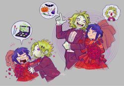 1boy 1girl beetlejuice betelgeuse_(beetlejuice) betelgeuse_(beetlejuice)_(cosplay) boku_no_hero_academia bouquet bride colored_skin cosplay cropped_legs dress flower green_hair green_skin groom highres holding holding_bouquet jiro_kyoka kaminari_denki liv_daily lydia_deetz lydia_deetz_(cosplay) makeup purple_hair red_dress rejected_kiss short_hair surprised veil walking wedding_dress