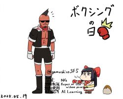 Rule 34 | 1boy, 1girl, abs, ainu clothes, artist name, black hair, boxing gloves, breasts, chibi, clenched hands, dark-skinned male, dark skin, dated, fighting stance, fingerless gloves, gloves, grey eyes, hair ribbon, heavy d!, jacket, japanese text, legs, long hair, mamahaha, mohawk, muscular, muscular male, nakoruru, open clothes, open jacket, pants, ribbon, samurai spirits, small breasts, smile, snk, sunglasses, the king of fighters, thighs, translated
