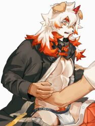 1boy 1other abs arknights bara bulge character_name chico2048_(niuniu114514) colored_tips furry furry_male horns hung_(arknights) komainu_boy komainu_ears looking_down male_focus male_underwear multicolored_hair muscular muscular_male pectorals pubic_hair single_horn surprised underwear white_background white_male_underwear yellow_eyes