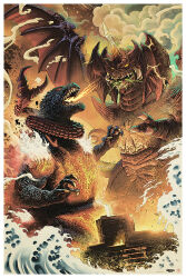 atomic_breath aura blood breath_weapon building burning_godzilla claws cloud cloudy_sky colored_blood crest debris destoroyah destruction dinosaur electricity embers energy energy_beam epic extra_teeth fire giant giant_monster glowing glowing_body glowing_eyes glowing_horns glowing_spikes godzilla godzilla_(series) godzilla_vs._destoroyah green_blood highres horns kaiju mandibles monster mouth_beam no_pupils official_art open_mouth orange_eyes overcast pablo_olivera pincers plasma plasma_beam prehensile_tail red_eyes rubble saliva sharp_teeth shoulder_spikes single_horn sky smoke spikes steam tail tail_wrap teeth textless_version toho tongue tusks variant_set water waterpaint waves wings