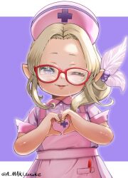 1girl a-maki_tasuke absurdres blonde_hair blue_eyes commentary_request dress final_fantasy final_fantasy_xiv glasses hair_bobbles hair_ornament hat heart heart_hands highres lalafell marker nurse nurse_cap one_eye_closed parted_lips pink_dress pointy_ears red-framed_eyewear smile solo twitter_username upper_body warrior_of_light_(ff14)